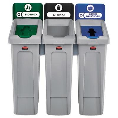 trash, recycling, compost triple stream plastic bins