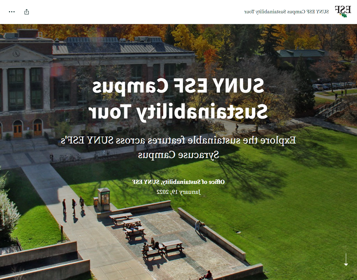 The 养 quad in fall overlaid with white text: "博彩平台养 Campus 可持续发展旅游" "Explore the sustainable features across 博彩平台养's Syracuse Campus" "可持续发展办公室, 博彩平台养 1月19日, 2022"